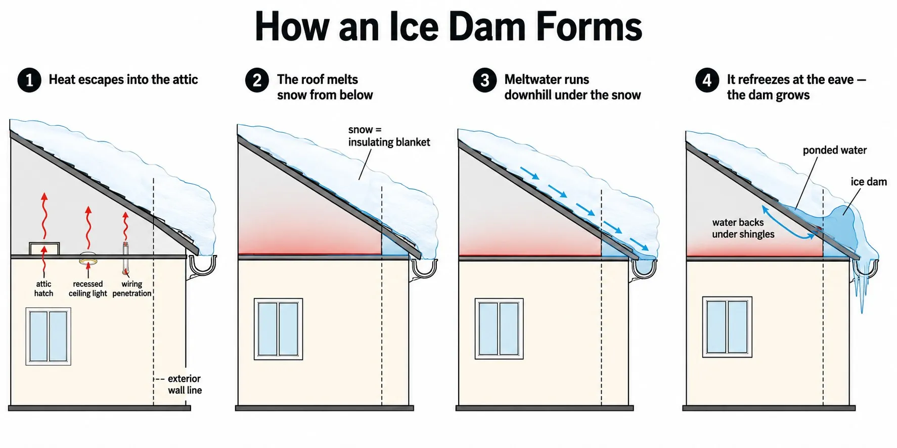 Four-panel diagram of how an ice dam forms: heat escapes into the attic through ceiling gaps, the roof melts snow from below, meltwater runs downhill under the snow, and it refreezes at the eave where the dam grows