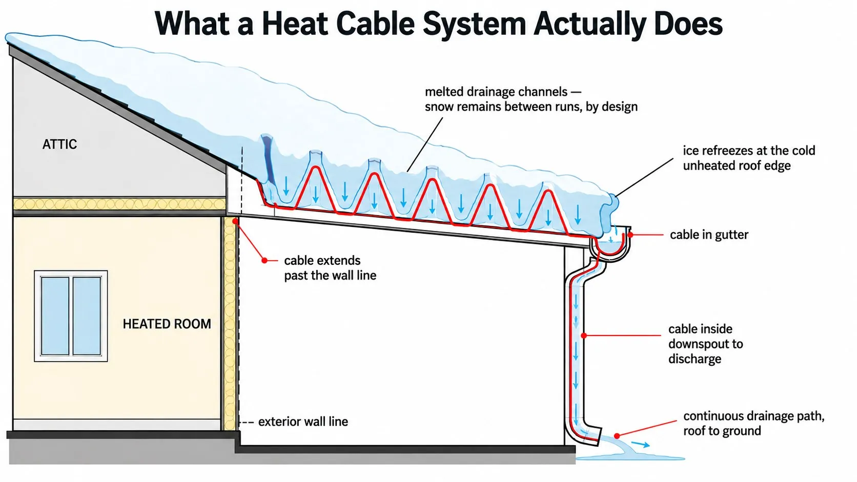 Cross-section diagram: a heat cable system keeps melted drainage channels open through the snow — cable extending past the exterior wall line, through the gutter, and inside the downspout to discharge