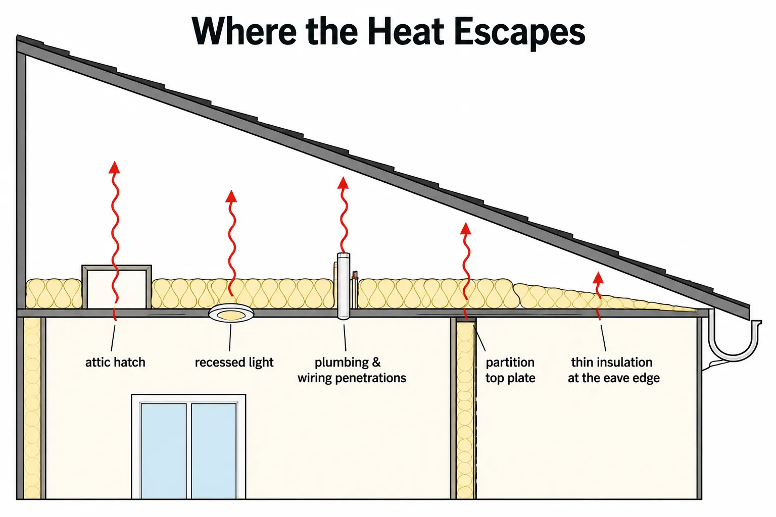 Attic cross-section showing where heat escapes into the attic: attic hatch, recessed lights, plumbing and wiring penetrations, and thin insulation at the eave edge