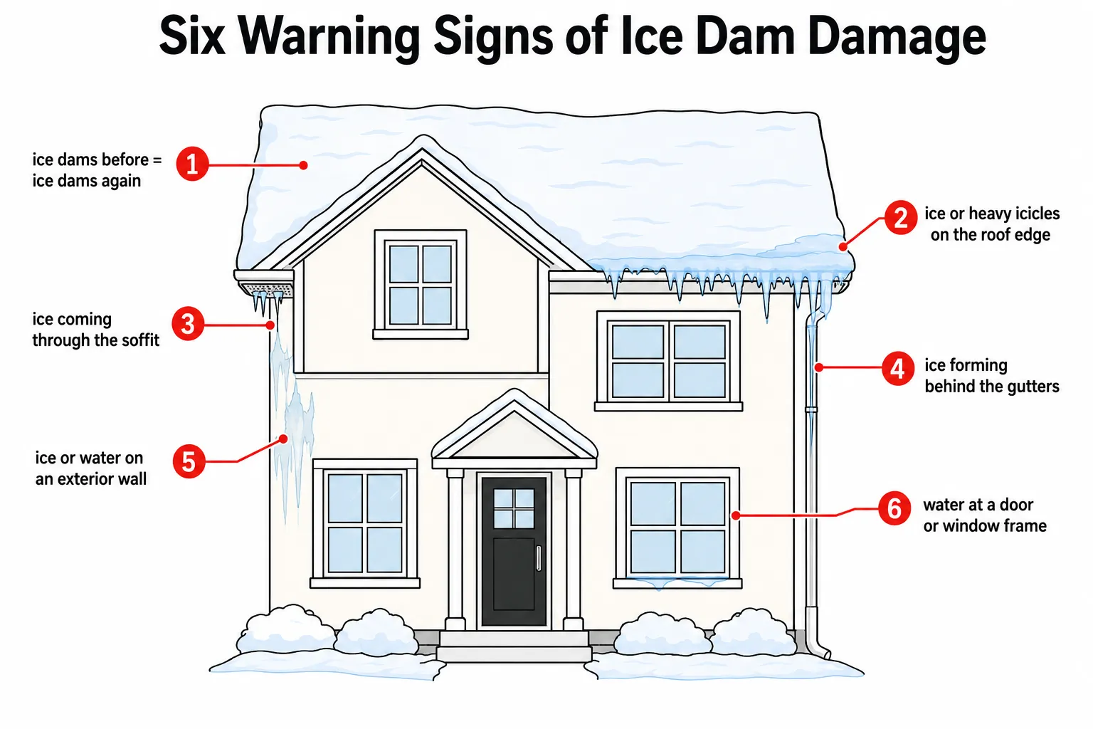 Illustration of a house labeling the six warning signs of ice dam damage: ice dams reforming, heavy icicles on the roof edge, ice forming behind gutters, water coming through the soffit, ice or water on an exterior wall, and water at a door or window frame