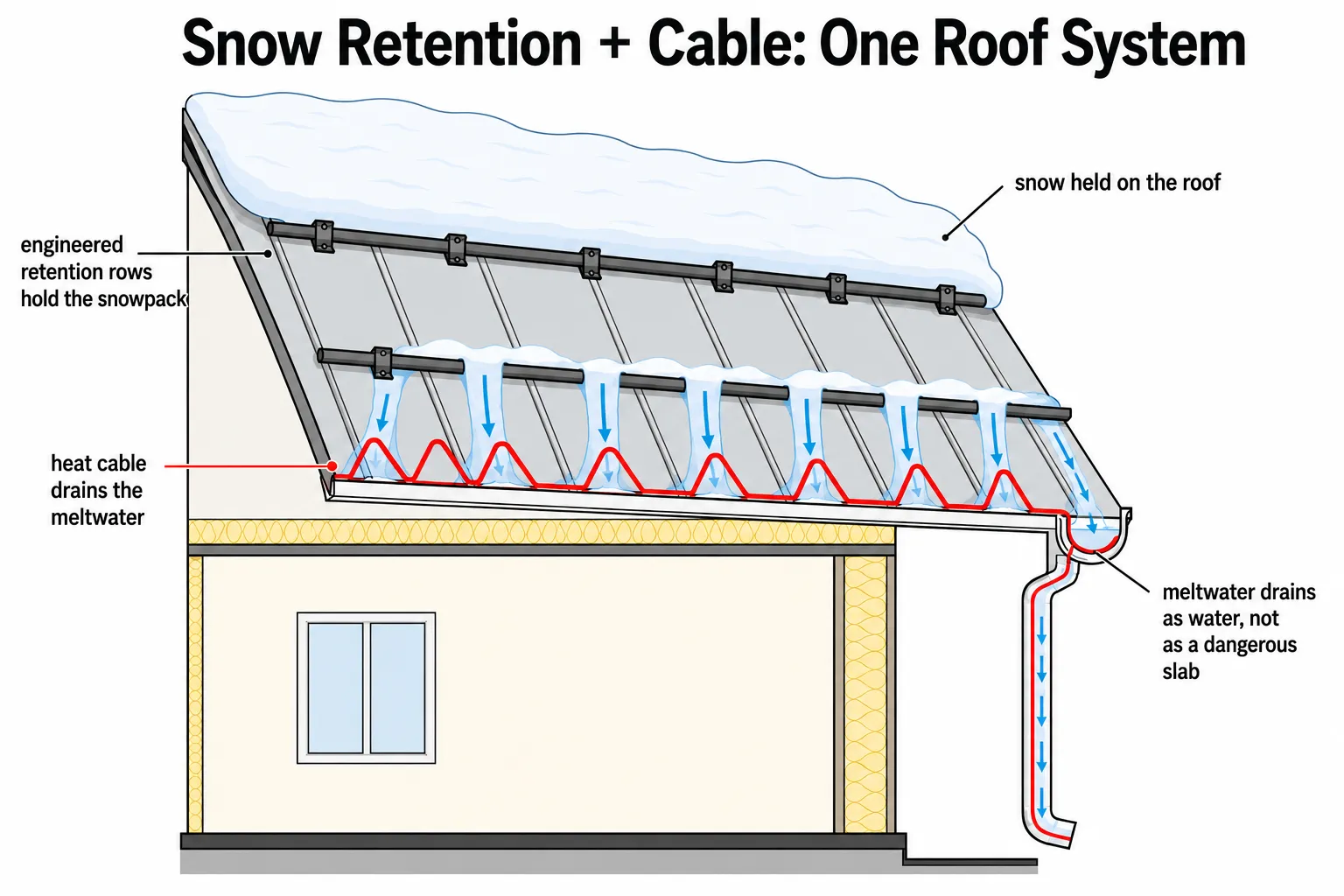 Cross-section of a roof showing snow retention and heat cable as one system: engineered retention rows hold the snowpack while heat cable drains the meltwater off the roof as water, not as a dangerous slab