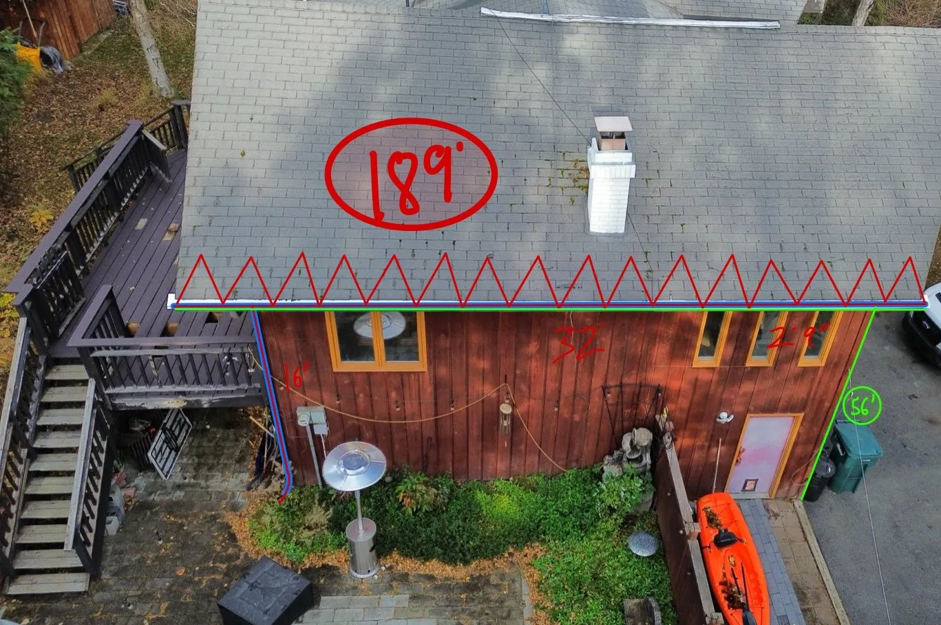 A real Alaska Heat Cable quote diagram — drone photo of an Anchorage home with the cable layout, measurements, and total footage drawn on